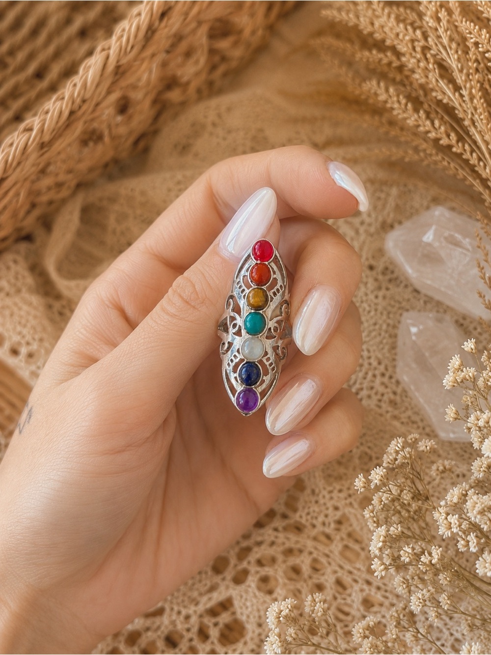 NWOT Rainbow Chakra Stone Ring Silver Tone Adjustable Boho Festival - Picture 11 of 11